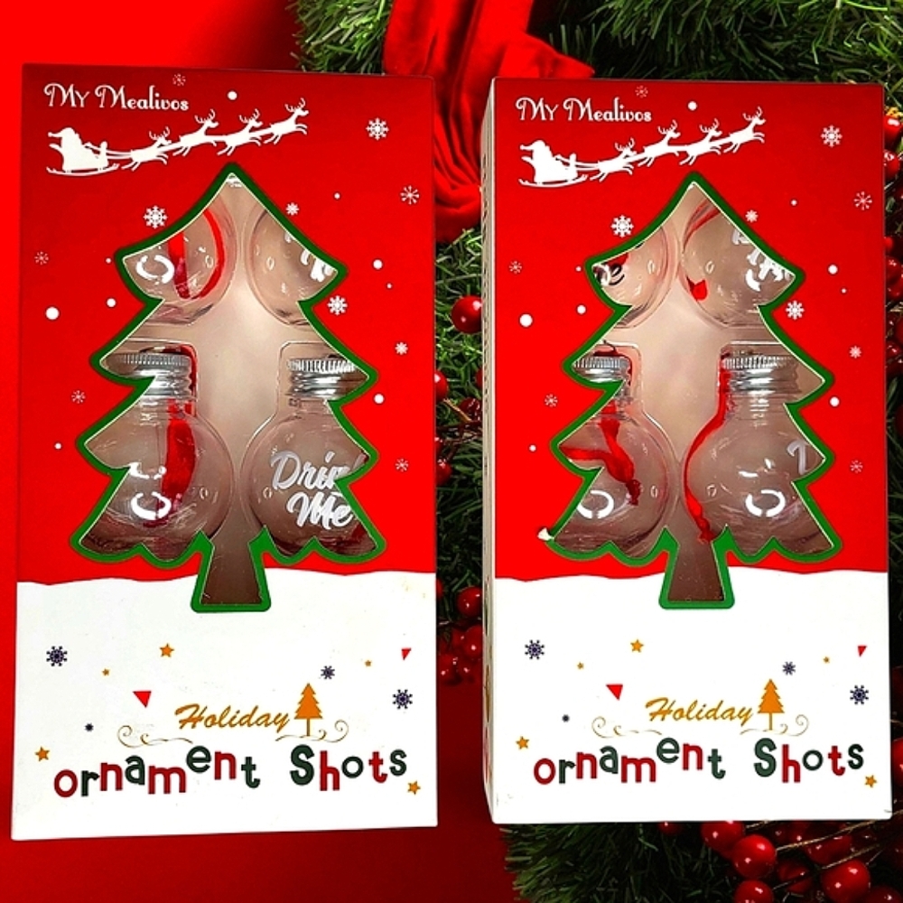 12 Holiday Time Ornament Shot Glasses Clear Red Ribbon Drink Me 2 Sets of 6 NEW
